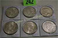 GROUP OF 6 PEACE SILVER DOLLARS