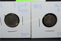 US 1843 SILVER HALF DIME AND 1869 THREE CENT PIECE