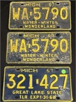 Three 1967 Michigan License Plates 2 Matching