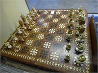 Ivory & Inlaid Chess Board W/ Ivory Playing Pcs.