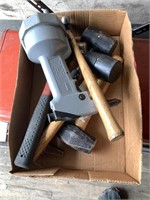 Box lot including hammers, air rivet gun, various