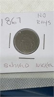 1867 Shield nickel no rays