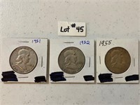 1951, 1952, 1955 Franklin Half Dollars