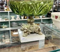 GREEN PRESSED GLASS COMPOTE MARBLE AND METAL BASE