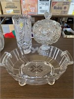 Cut Etched Glass Dish, Covered Candy Dish, Vase