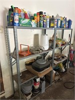 2 METAL SHELVES W/CLEANERS, PAINT, ETC.