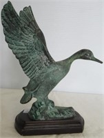 Metal Goose Statue with Wood Base. Measures