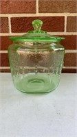 Green depression glass biscuit jar