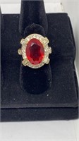 Ruby and diamond gold ring stamped 18KHGE, sz 6