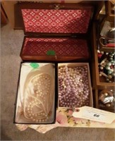 Wood box, (2) boxes of Ladies Pearl's, Necklaces