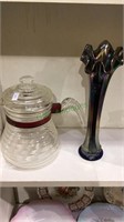 Carnival glass vase, glass coffee pot