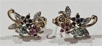 Post Earrings, Gold over Sterling Silver W/ Gems