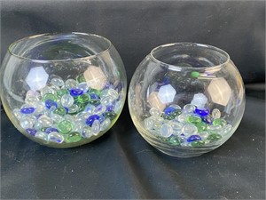 2 Fish Bowl Planters/Floral Vases with Glass Pebbl