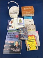 Basket with assorted greeting cards, books and