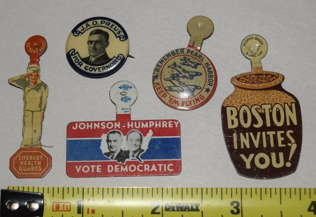 (5) Vtg Pins w/Political, Boston Baked Beans, Life
