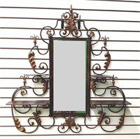 Wrought Iron & Tin Decorative Mirror w/Shelving