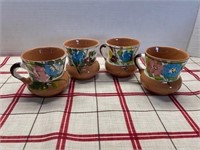4 MEXICO TERRA COTTA HAND PAINTED CUPS
