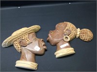 Vtg. Hand carved African Man & Women head 9"h
