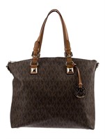 Michael Kors Brown Coated Canvas Leather Trim Tote