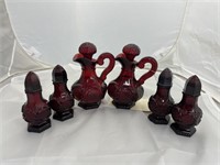 7 Pcs Avon Ruby Red Glassware - 2 Cruets +