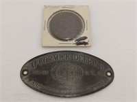 McCormick Deering Plate and IHC Medal