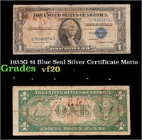 1935G $1 Blue Seal Silver Certificate Grades vf, v