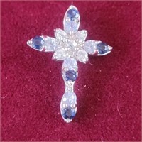 14k White Gold Cross Pendant with blue and clear