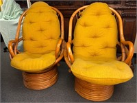 Pr Mid Century Modern Rattan Swivel Rocker Chairs