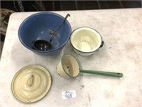 Enamel bowls and ladle