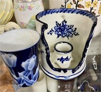 BLUE DECORATED CUP AND CANDLE HOLDER