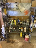 Steel shelf w/ various parts, etc.