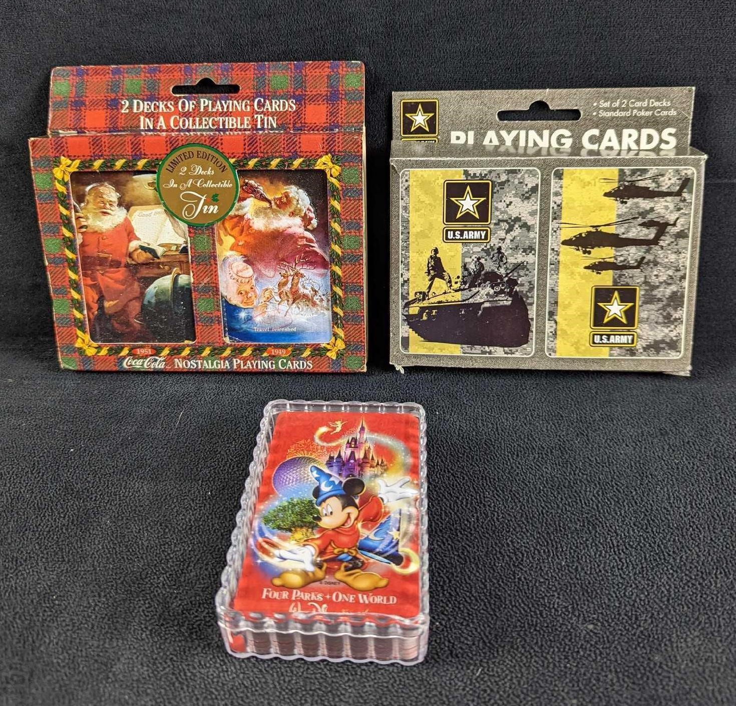 3 Sets Of Coca Cola Disney & Army Playing Cards