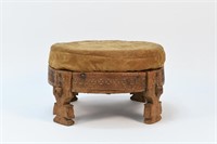 CARVED ANTIQUE WOODEN OTTOMAN W/ CUSHION