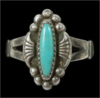 Sterling silver dentil set turquoise ring, size 7,