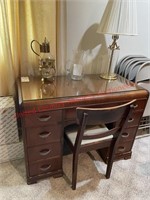 Wooden Desk topped w/glass, chair, and
