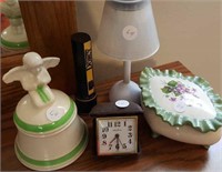 2 ceramic dresser boxes, Seth Thomas travel clock