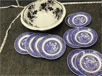 Willow Ware Plates And Glass Fruit Bowl