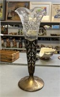 Sterling Base and Etched Glass Vase