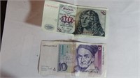 2 Germany 10 Mark bank notes, 1980 & 1993