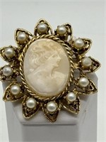 BSK Carved Shell Cameo & Faux Pearl Brooch