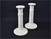 Pair Wedgwood Embossed Queensware Candlesticks