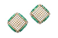 PAIR OF 18K GOLD PLATINUM EMERALD EARCLIPS, 36.6g