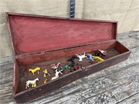 Wooden instrument box w/ toy horses - a few are