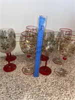 8 wine glasses, Christmas, Holly, red