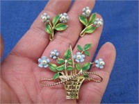 vintage flower basket brooch & clip earrings set