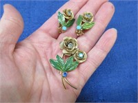 flowers brooch & clip earrings set - turquoise