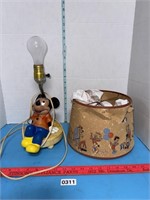 Mickey Mouse lamp w/vtg shade. Has some damage