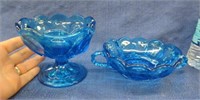 2 blue glass stemmed bowl & 2 handle bowl