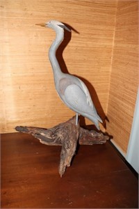 W. Oler blue heron carving on driftwood (damage