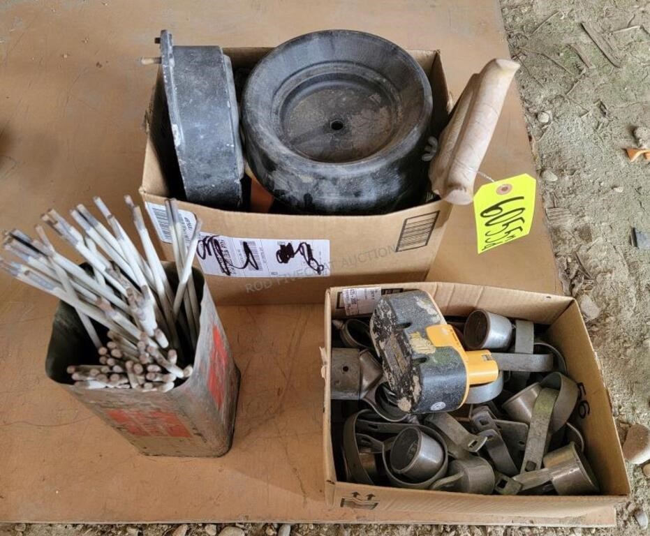 3 Boxes- Fencing Items, Welding Rod, Light & Saw